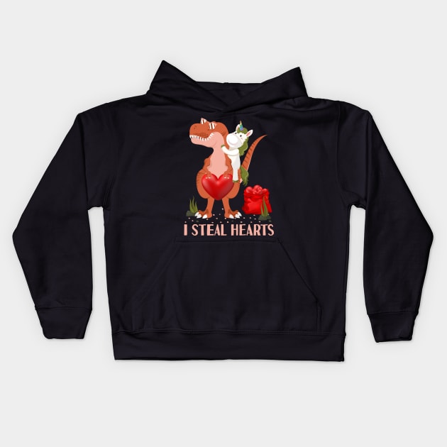 Valentines Day Dinosaur I Steal Hearts Unicorn Riding T rex Kids Hoodie by Tesszero